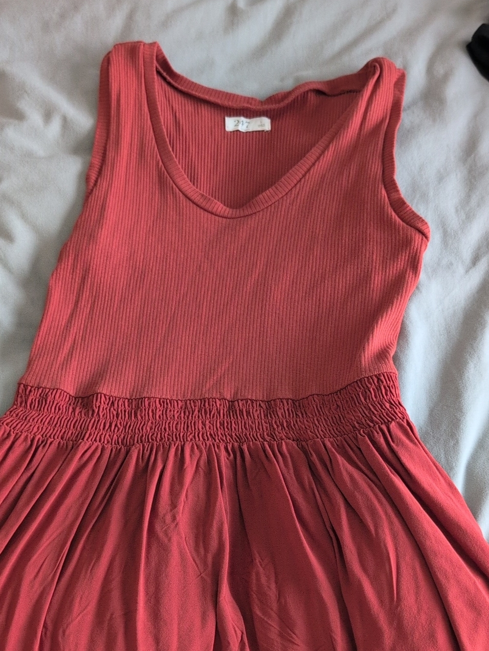 Women's Sleeveless Ribbed Waist Dress in Brick Red